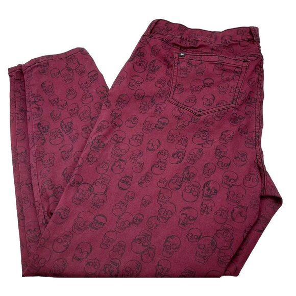 Blackheart Women's Hot Topic Burgundy Red Skull Print Skinny Low Jeans Size 20 - Picture 1 of 11